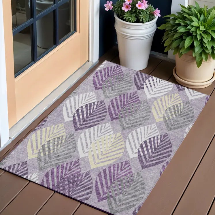3' X 5' Purple Lavender And Beige Floral Washable Indoor Outdoor Area Rug
