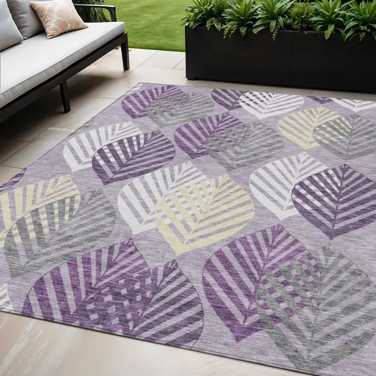5' X 8' Purple Lavender And Beige Floral Washable Indoor Outdoor Area Rug