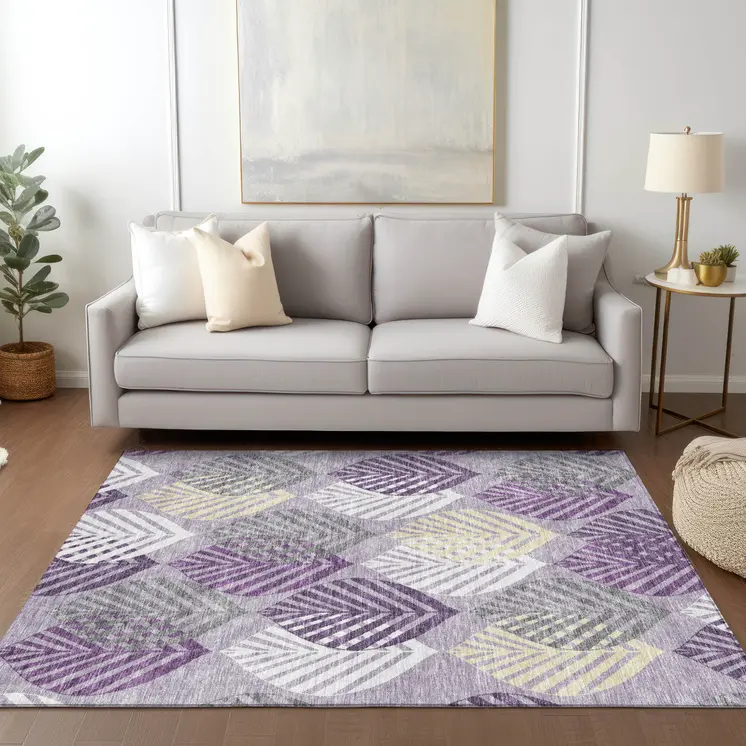 5' X 8' Purple Lavender And Beige Floral Washable Indoor Outdoor Area Rug