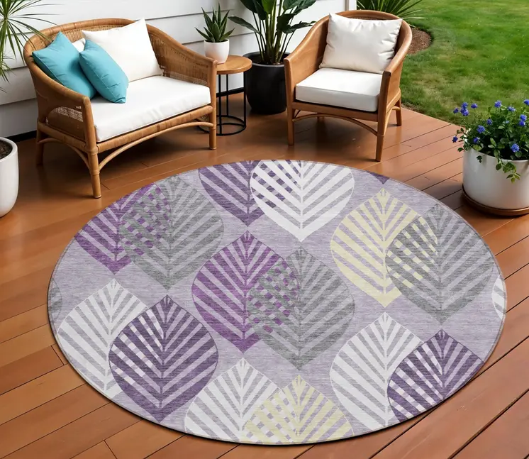8' Purple Lavender And Beige Round Floral Washable Indoor Outdoor Area Rug