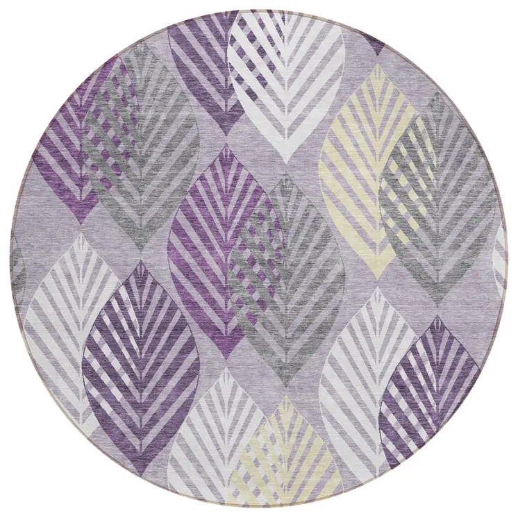 8' Purple Lavender And Beige Round Floral Washable Indoor Outdoor Area Rug