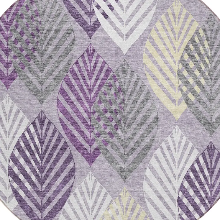 8' Purple Lavender And Beige Round Floral Washable Indoor Outdoor Area Rug