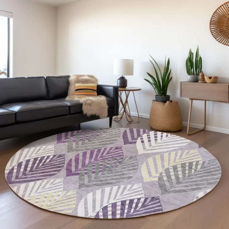 8' Purple Lavender And Beige Round Floral Washable Indoor Outdoor Area Rug