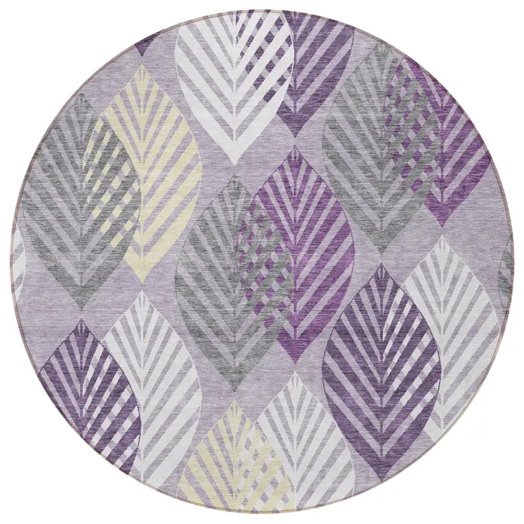 8' Purple Lavender And Beige Round Floral Washable Indoor Outdoor Area Rug