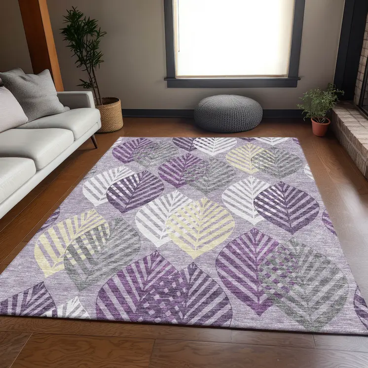 8' X 10' Purple Lavender And Beige Floral Washable Indoor Outdoor Area Rug