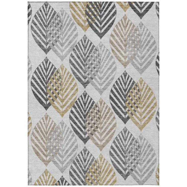 5' X 8' Silver Gray And Gold Floral Washable Indoor Outdoor Area Rug