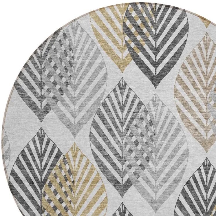 8' Silver Gray And Gold Round Floral Washable Indoor Outdoor Area Rug