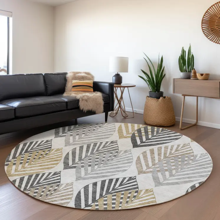8' Silver Gray And Gold Round Floral Washable Indoor Outdoor Area Rug