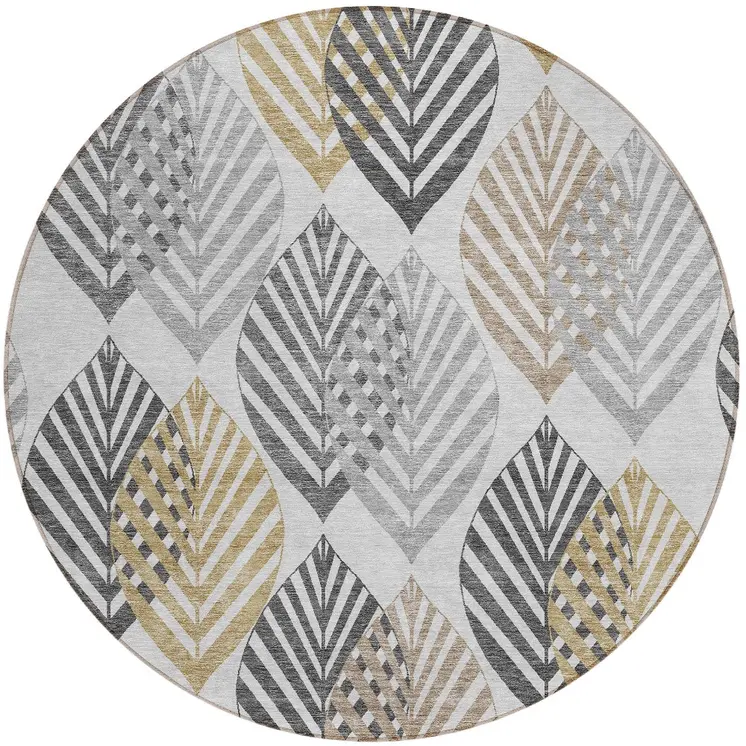 8' Silver Gray And Gold Round Floral Washable Indoor Outdoor Area Rug