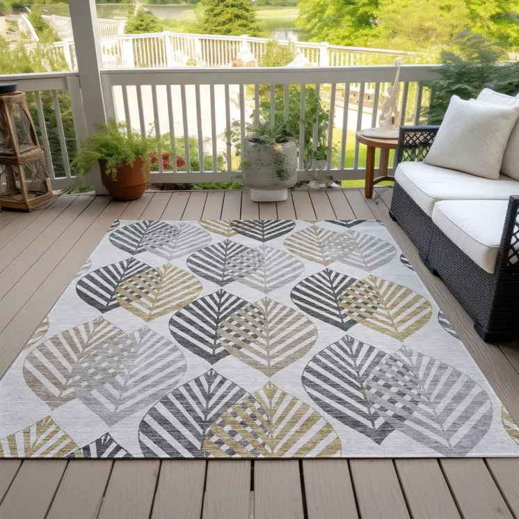 8' X 10' Silver Gray And Gold Floral Washable Indoor Outdoor Area Rug