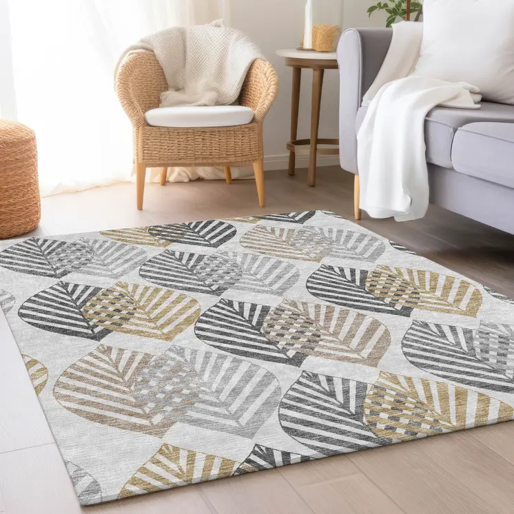 8' X 10' Silver Gray And Gold Floral Washable Indoor Outdoor Area Rug