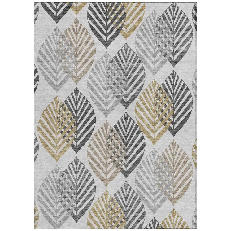9' X 12' Silver Gray And Gold Floral Washable Indoor Outdoor Area Rug