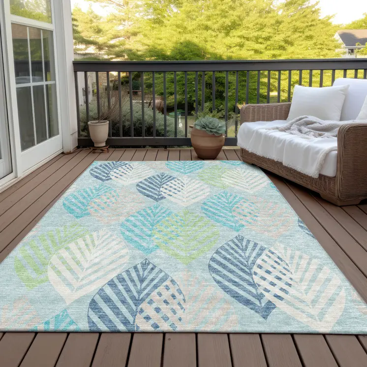 3' X 5' Teal Blue Aqua And Navy Blue Floral Washable Indoor Outdoor Area Rug