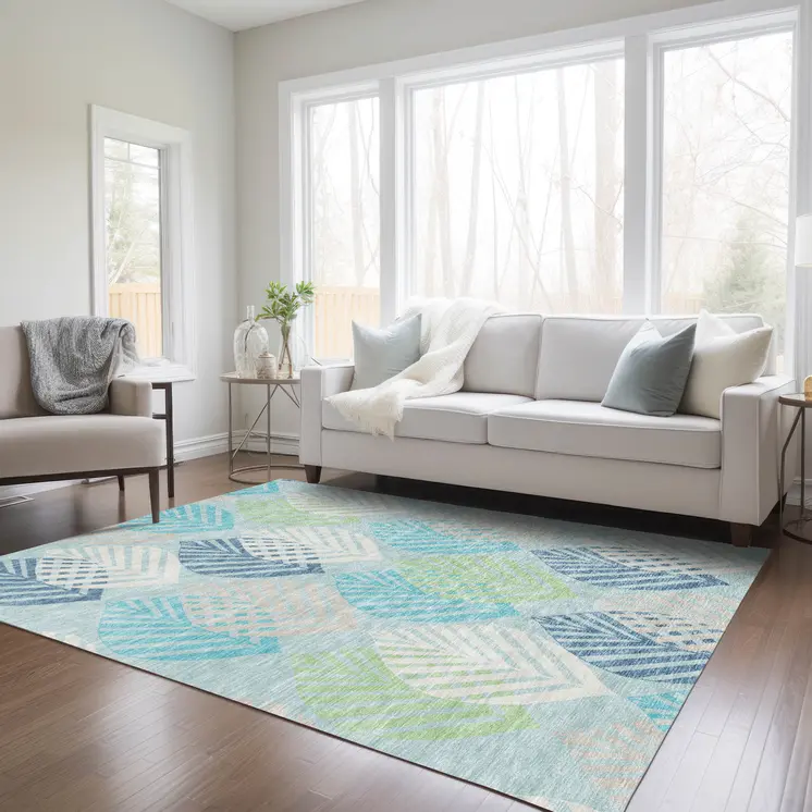 3' X 5' Teal Blue Aqua And Navy Blue Floral Washable Indoor Outdoor Area Rug