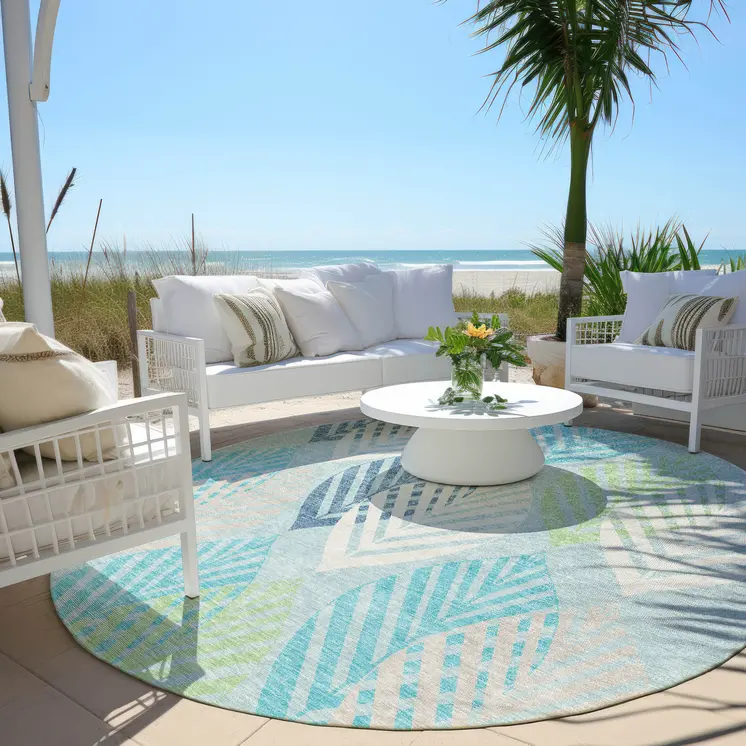 8' Teal Blue Aqua And Navy Blue Round Floral Washable Indoor Outdoor Area Rug