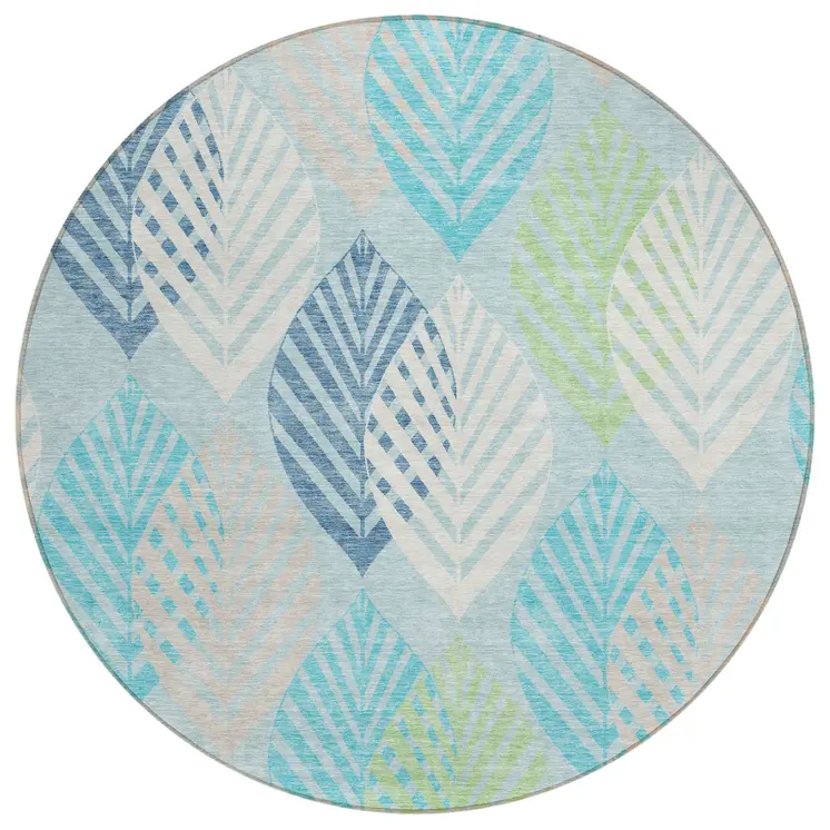 8' Teal Blue Aqua And Navy Blue Round Floral Washable Indoor Outdoor Area Rug