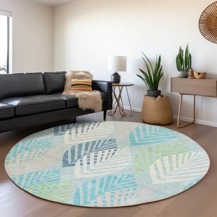 8' Teal Blue Aqua And Navy Blue Round Floral Washable Indoor Outdoor Area Rug