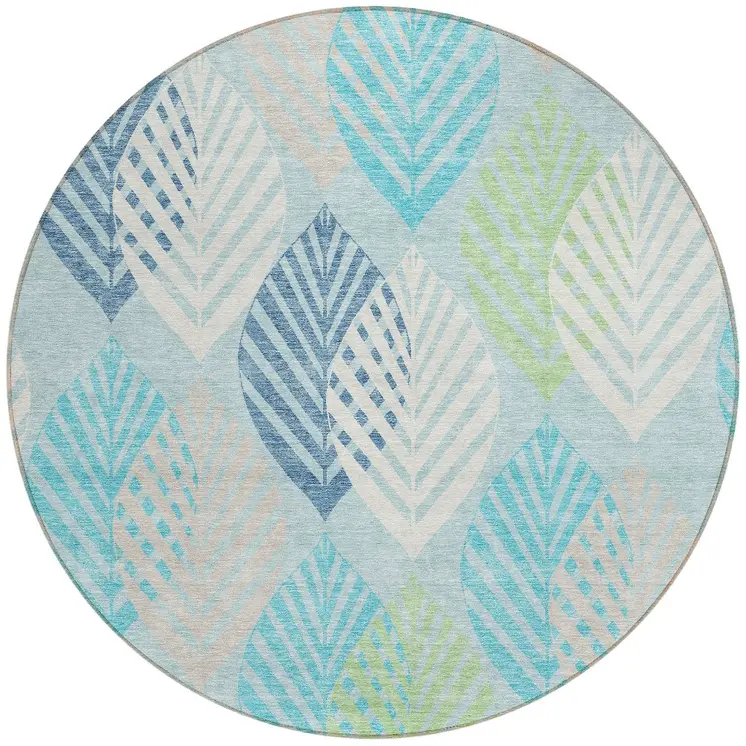 8' Teal Blue Aqua And Navy Blue Round Floral Washable Indoor Outdoor Area Rug