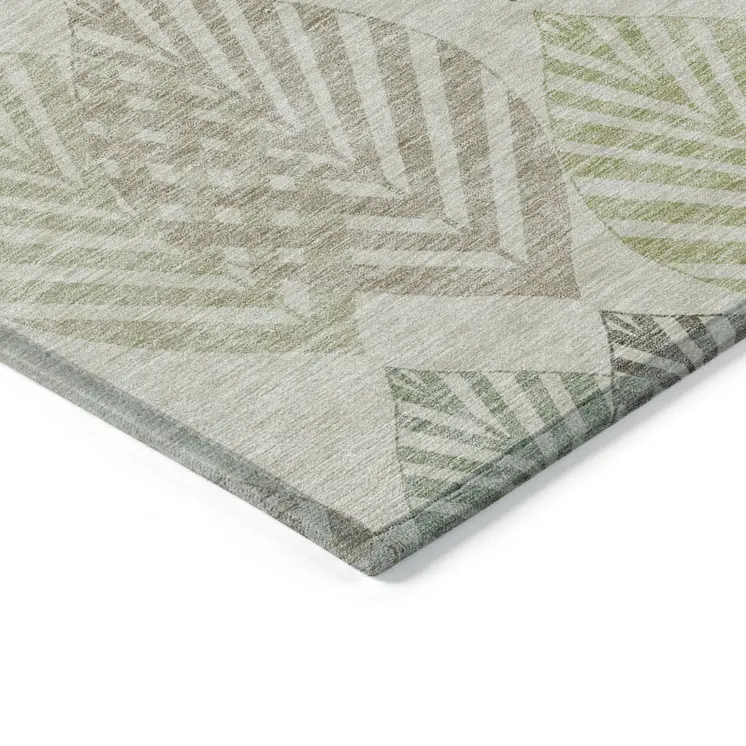 3' X 5' Taupe Beige And Artichoke Green Floral Washable Indoor Outdoor Area Rug