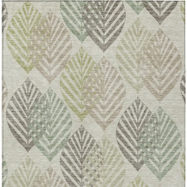 10' X 14' Taupe Beige And Artichoke Green Floral Washable Indoor Outdoor Area Rug