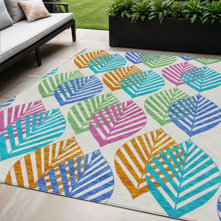 5' X 8' White Orange And Blue Floral Washable Indoor Outdoor Area Rug