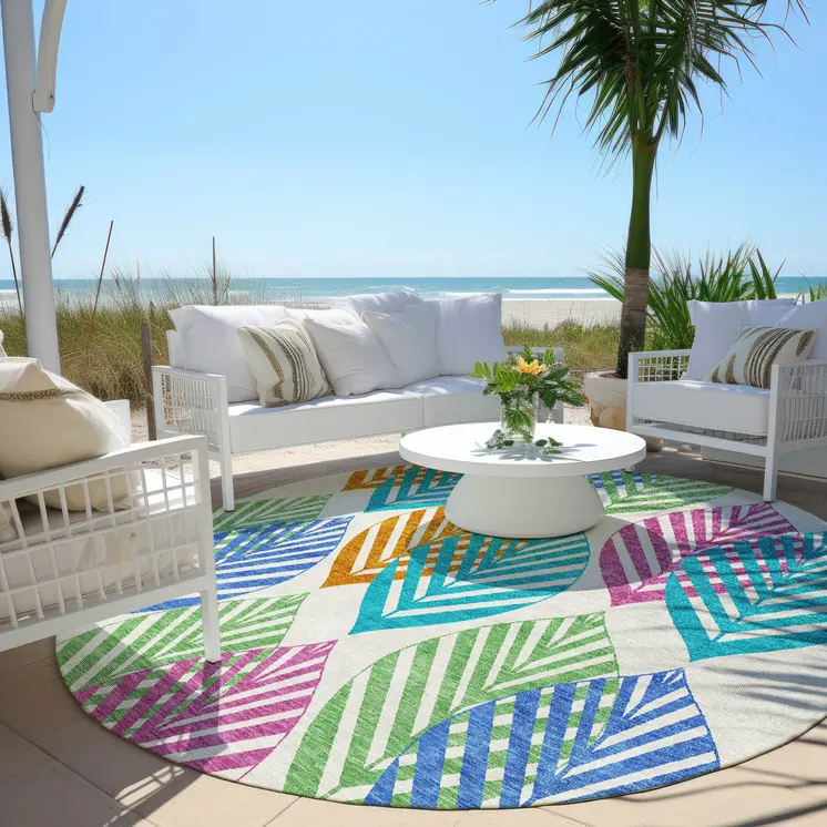 8' White Orange And Blue Round Floral Washable Indoor Outdoor Area Rug