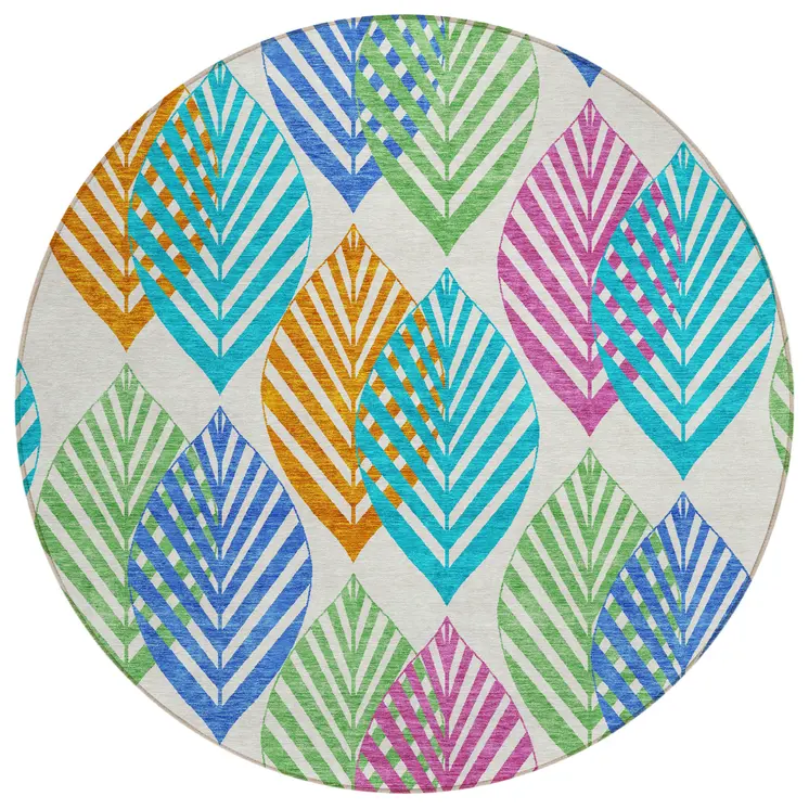 8' White Orange And Blue Round Floral Washable Indoor Outdoor Area Rug