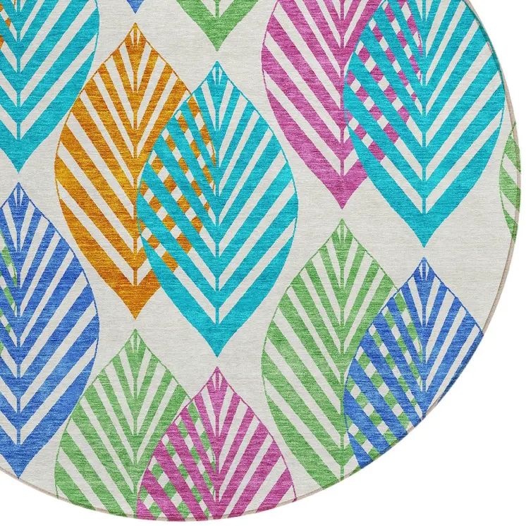 8' White Orange And Blue Round Floral Washable Indoor Outdoor Area Rug