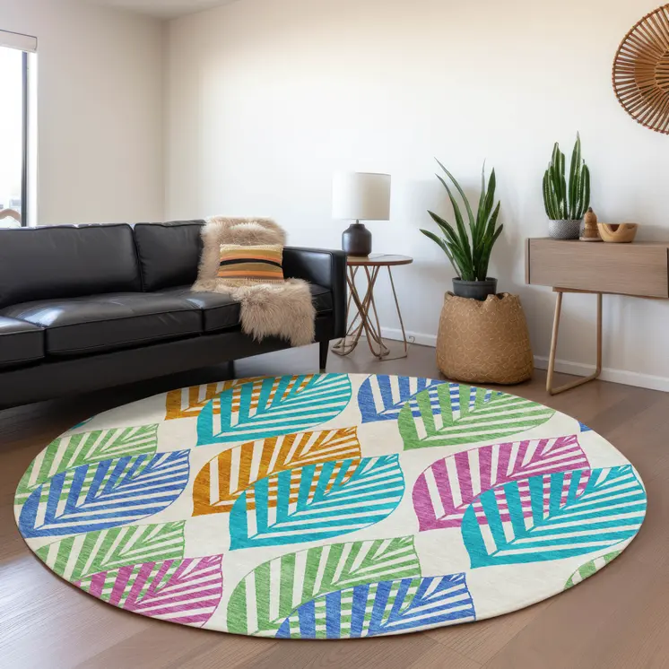8' White Orange And Blue Round Floral Washable Indoor Outdoor Area Rug