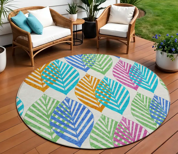 8' White Orange And Blue Round Floral Washable Indoor Outdoor Area Rug