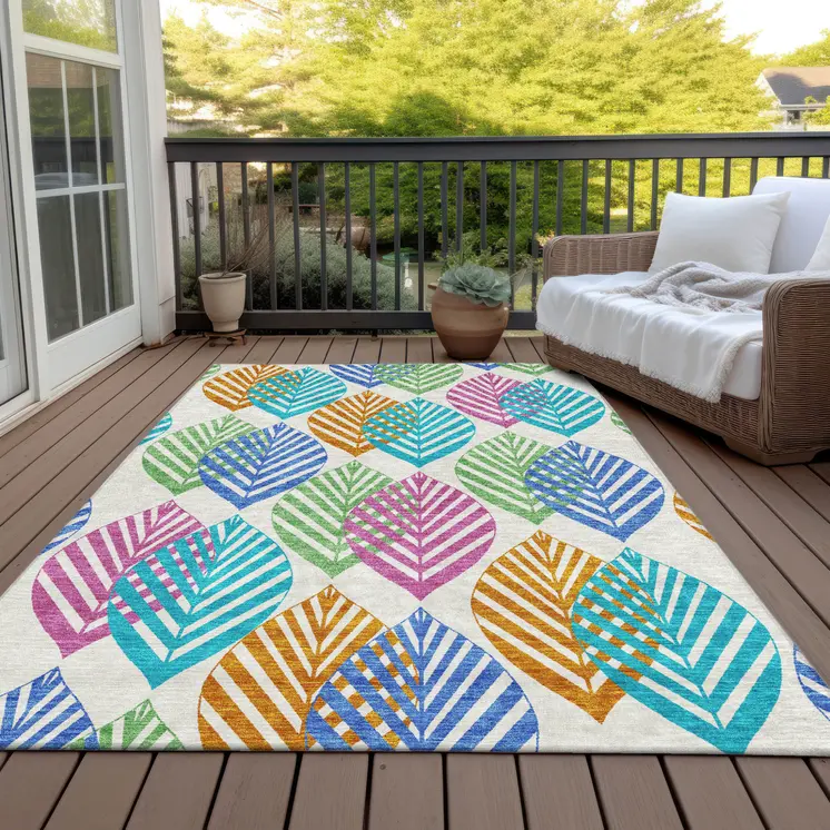 8' X 10' White Orange And Blue Floral Washable Indoor Outdoor Area Rug