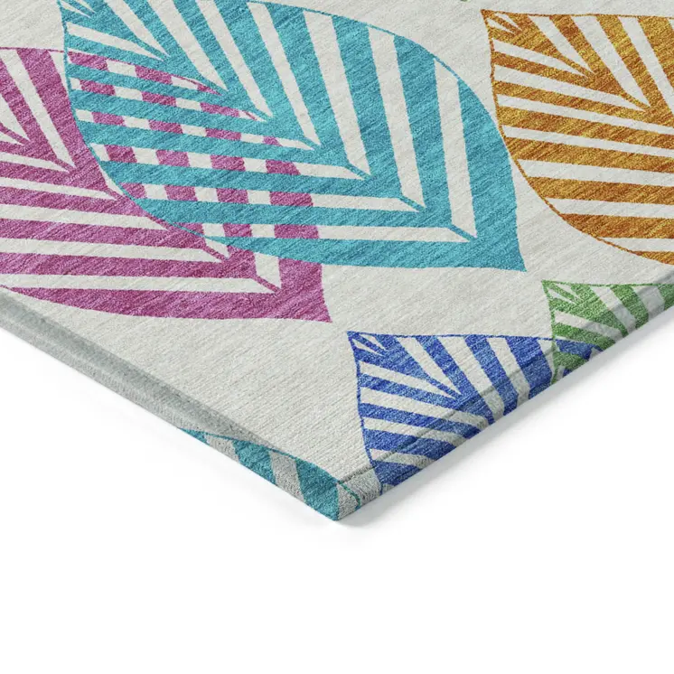 8' X 10' White Orange And Blue Floral Washable Indoor Outdoor Area Rug
