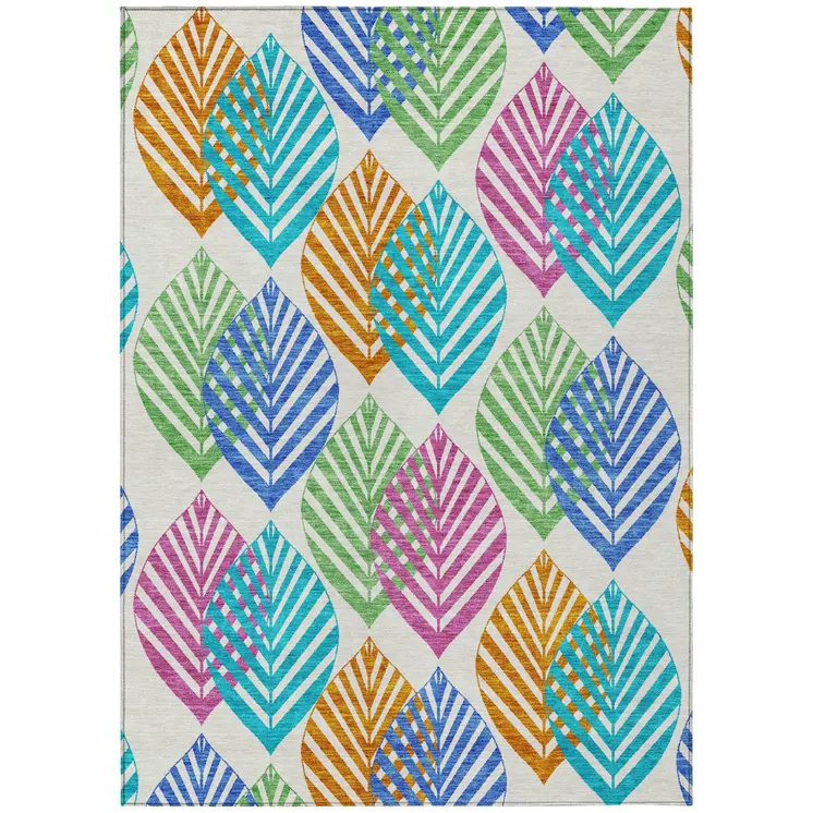 9' X 12' White Orange And Blue Floral Washable Indoor Outdoor Area Rug