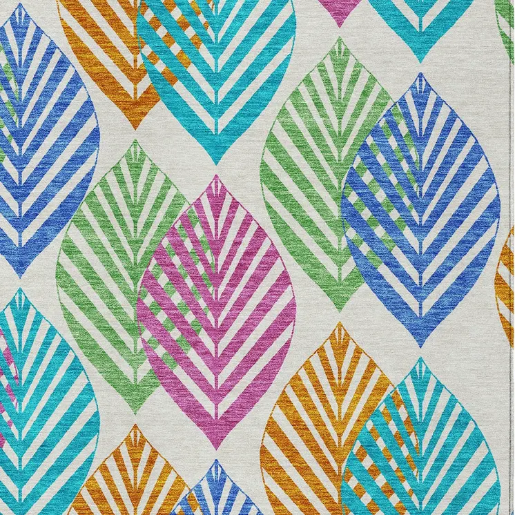 9' X 12' White Orange And Blue Floral Washable Indoor Outdoor Area Rug