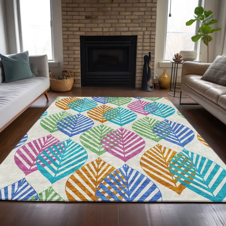 9' X 12' White Orange And Blue Floral Washable Indoor Outdoor Area Rug