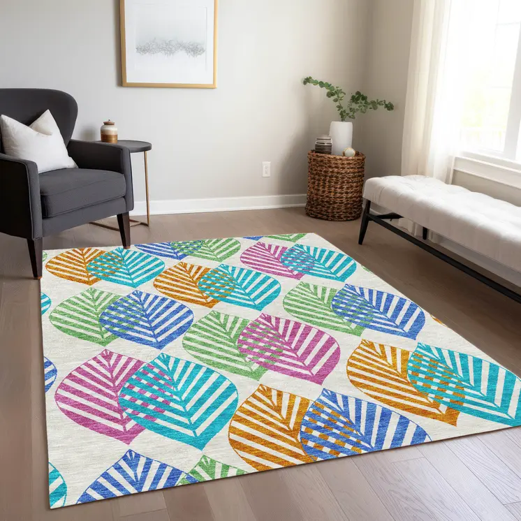 9' X 12' White Orange And Blue Floral Washable Indoor Outdoor Area Rug