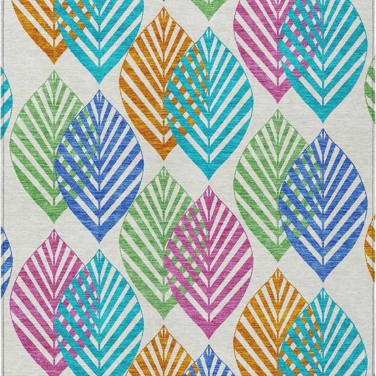 10' X 14' White Orange And Blue Floral Washable Indoor Outdoor Area Rug