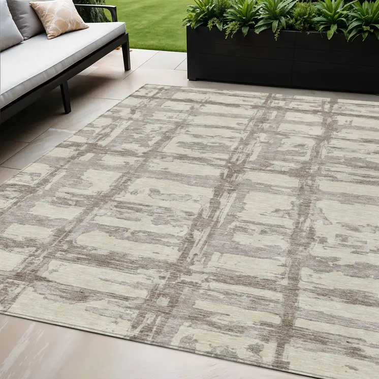 5' X 8' Beige Brown And Taupe Striped Washable Indoor Outdoor Area Rug