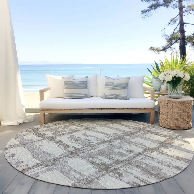 8' Beige Brown And Taupe Round Striped Washable Indoor Outdoor Area Rug