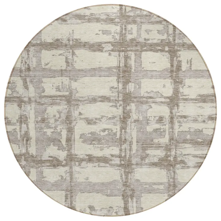 8' Beige Brown And Taupe Round Striped Washable Indoor Outdoor Area Rug