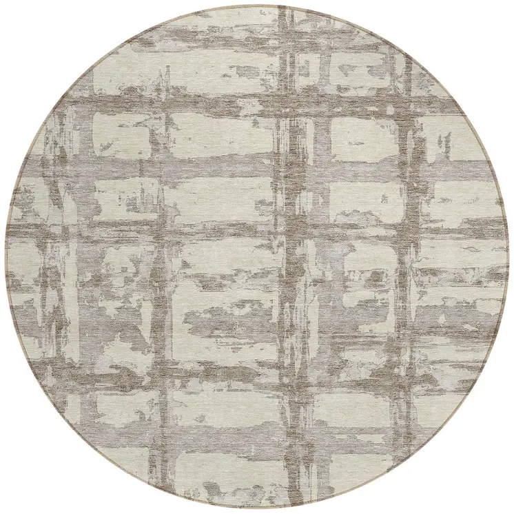 8' Beige Brown And Taupe Round Striped Washable Indoor Outdoor Area Rug