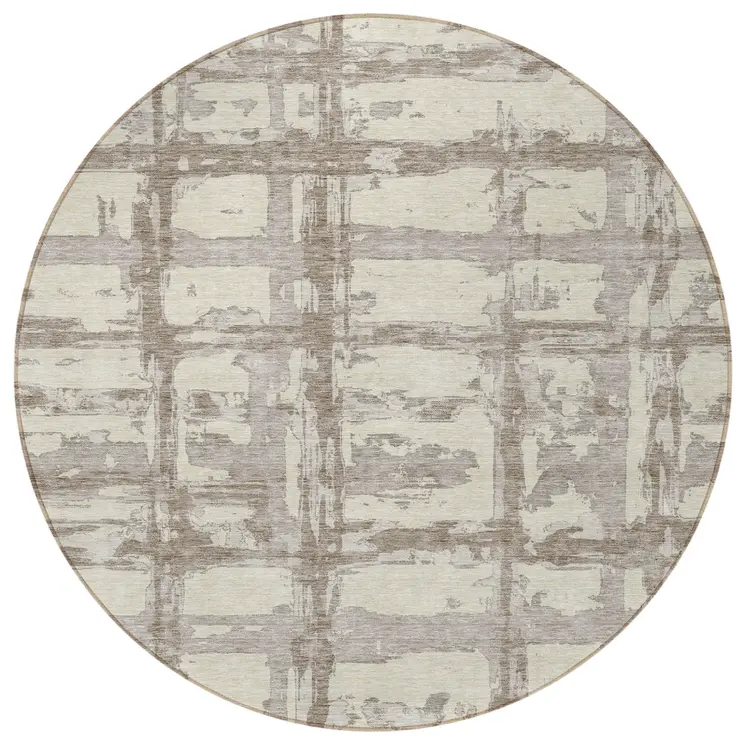 8' Beige Brown And Taupe Round Striped Washable Indoor Outdoor Area Rug