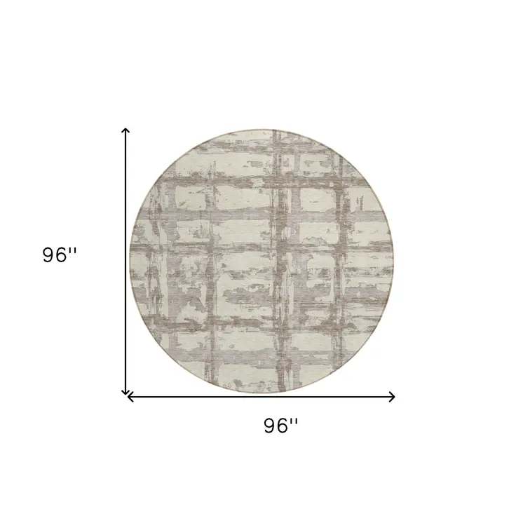 8' Beige Brown And Taupe Round Striped Washable Indoor Outdoor Area Rug