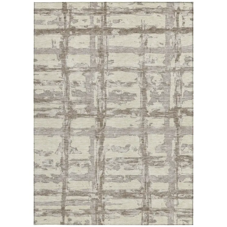 9' X 12' Beige Brown And Taupe Striped Washable Indoor Outdoor Area Rug