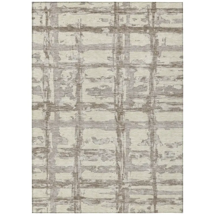 9' X 12' Beige Brown And Taupe Striped Washable Indoor Outdoor Area Rug