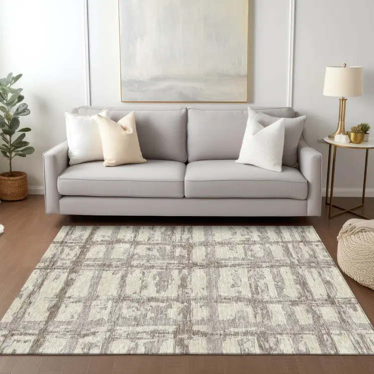 9' X 12' Beige Brown And Taupe Striped Washable Indoor Outdoor Area Rug