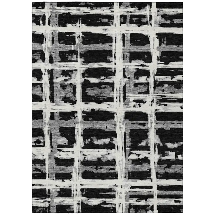 5' X 8' Black Gray And Silver Striped Washable Indoor Outdoor Area Rug