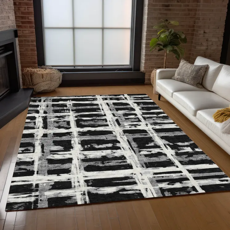8' X 10' Black Gray And Silver Striped Washable Indoor Outdoor Area Rug