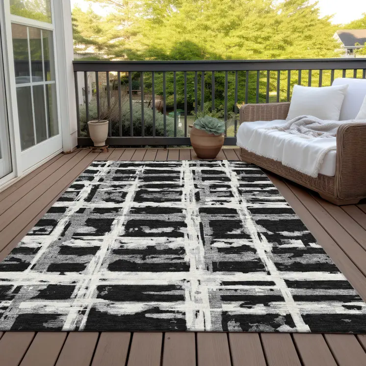 10' X 14' Black Gray And Silver Striped Washable Indoor Outdoor Area Rug