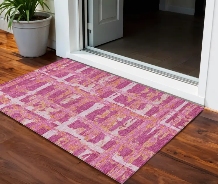3' X 5' Blush Pink And Orange Striped Washable Indoor Outdoor Area Rug